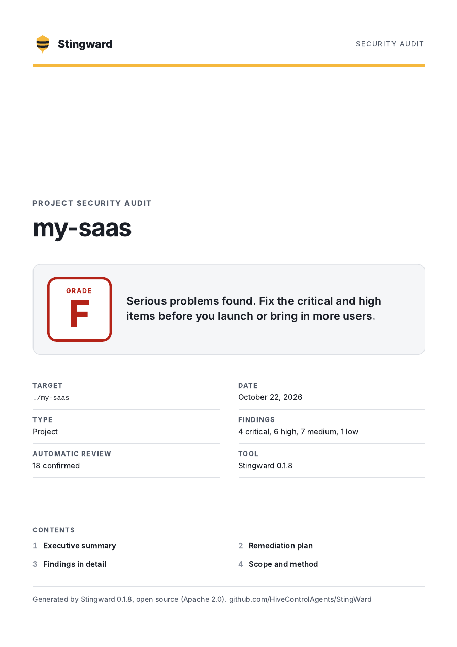 Cover of the sample paid report, for the demo app my-saas: grade F, serious problems found.