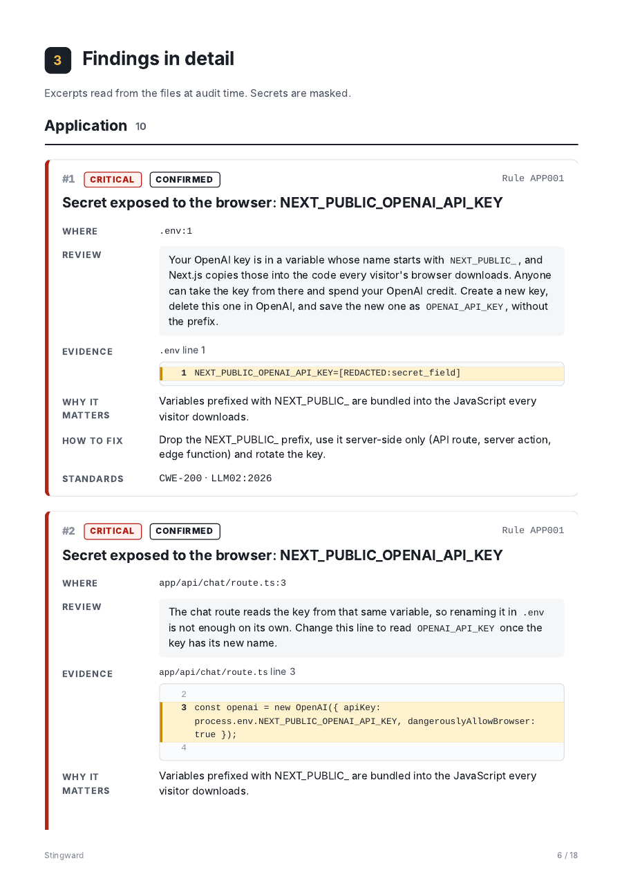 First page of the findings in detail: where the key is exposed, the automatic review's comment, the code excerpt, why it matters and how to fix it.