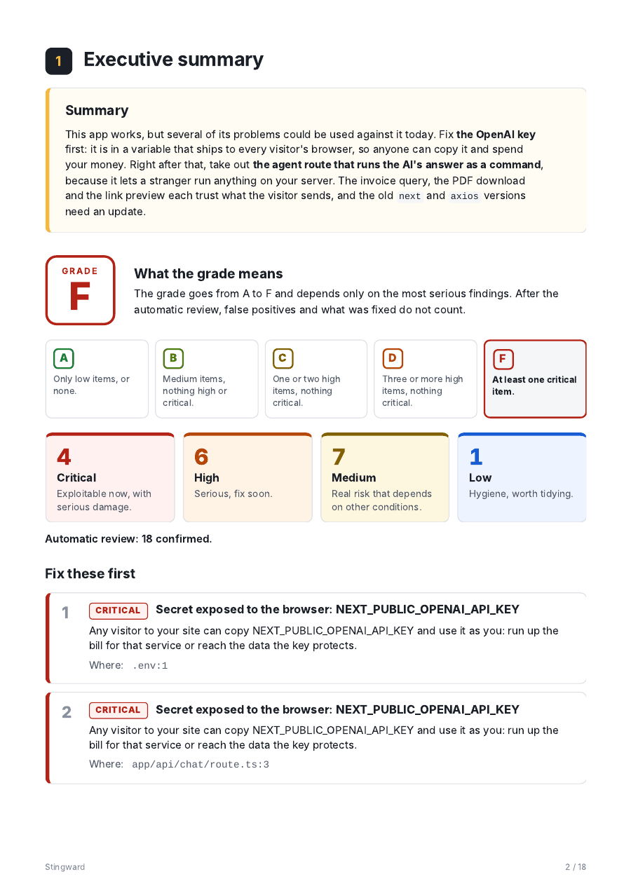 Executive summary page: what to fix first, what the grade means and how many findings there are of each severity.